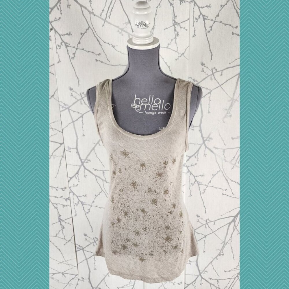 MEC Beige Floral Printed Tencel Linen Blend Scoop Neck Tank